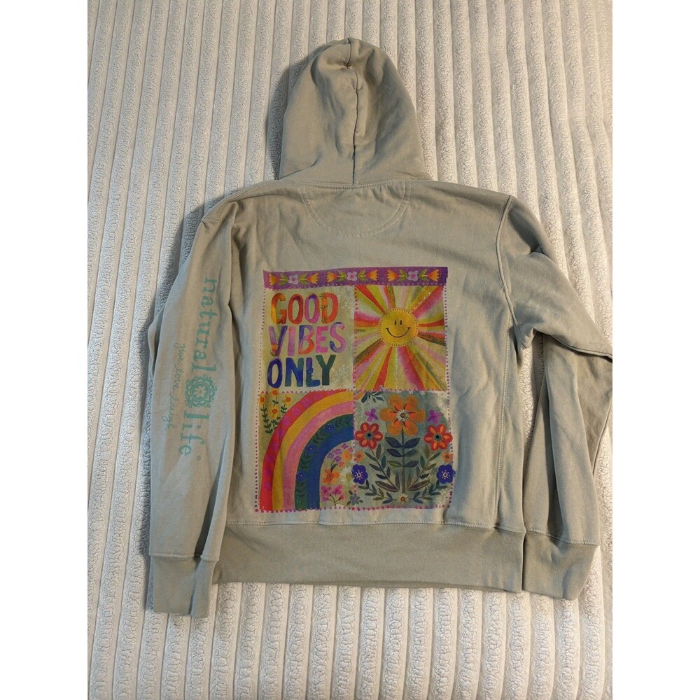 Natural Life Good Vibes Only Hoodie Sweatshirt Women Small gray multicolor boho